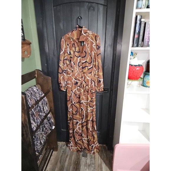 Brown Chain Print Maxi Dress Long Sleeve Tie Waist Shirt Dress - Picture 1 of 1